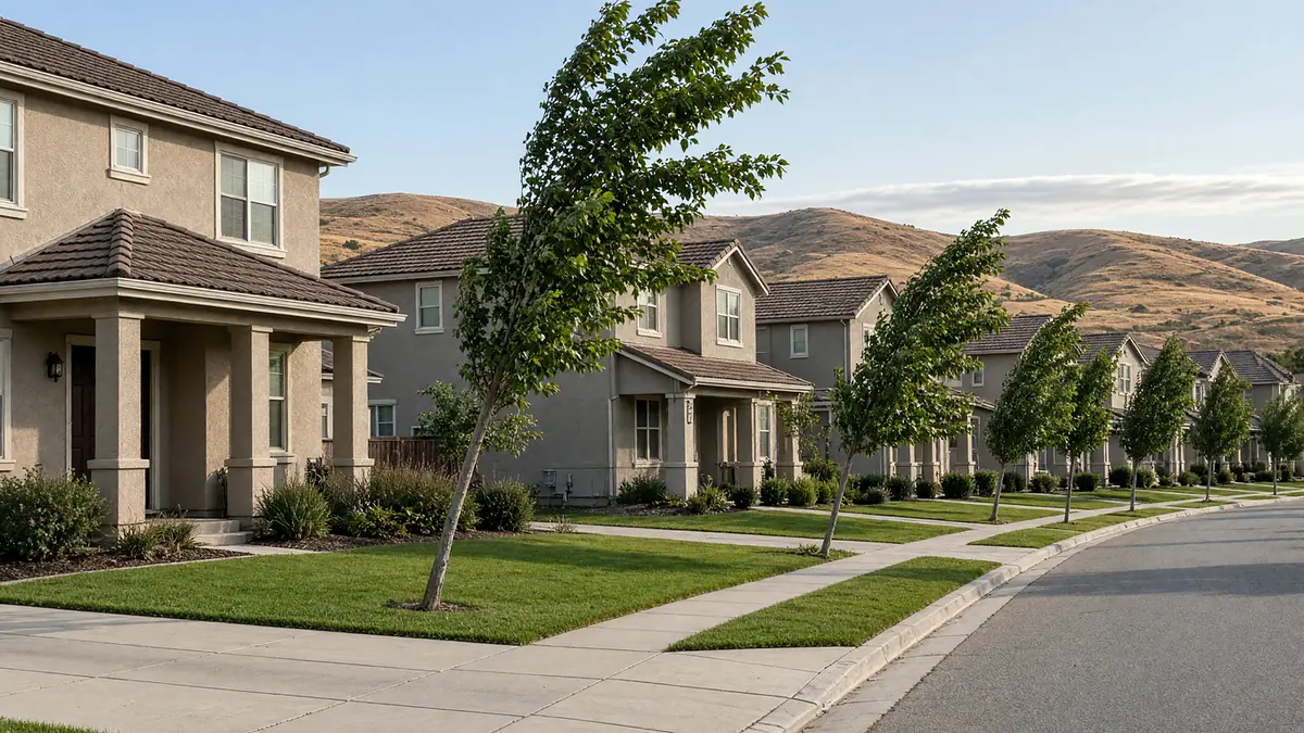 Illustration of a street of newer two-storey stucco homes with tile roofs, porches and front lawns, dry grassy hills behind them on a windy afternoon.