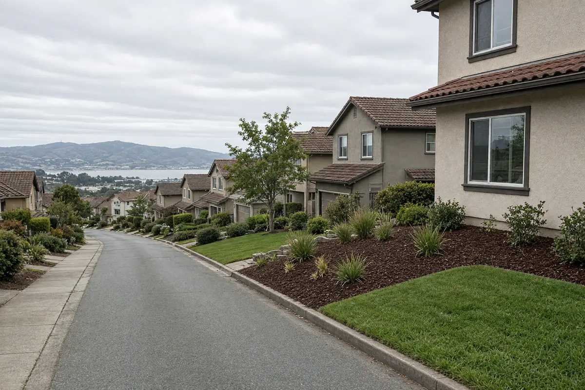 Illustration of two-storey stucco homes on a gently climbing street, small front lawns and terraced planting beds, with the strait and hills beyond.