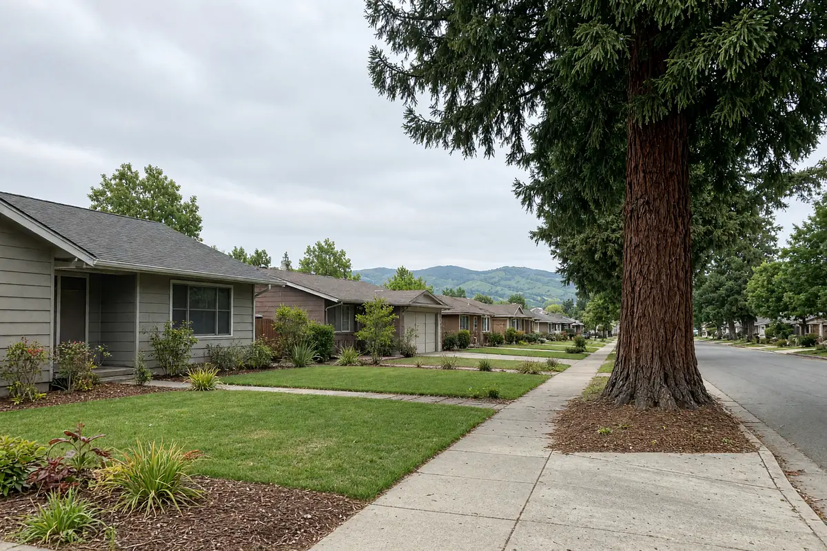 Illustration of a quiet street of single-storey 1980s ranch homes with front lawns and mulched beds, a tall redwood by the sidewalk and green hills far off.