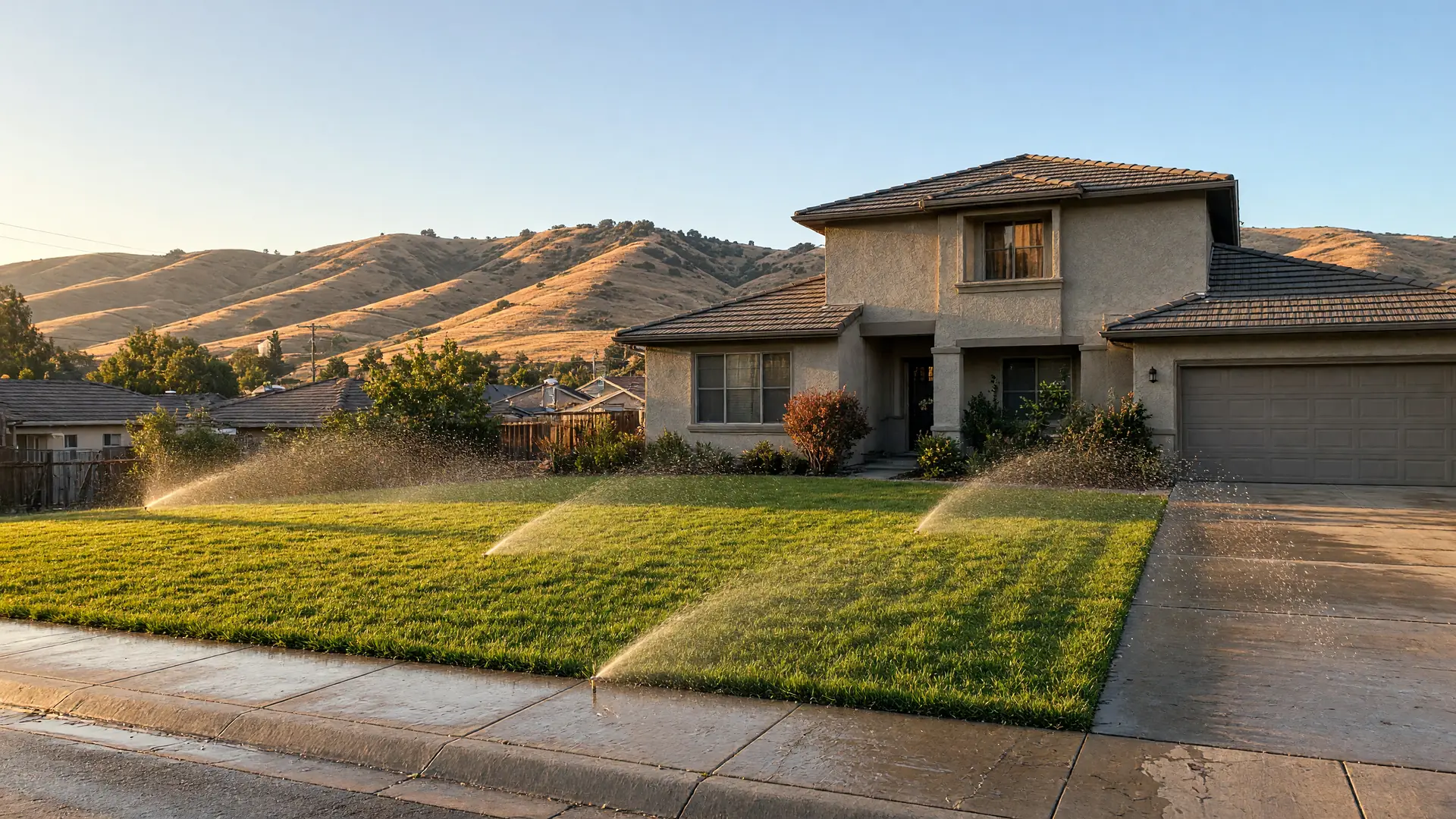 Pop-up sprinklers running on the front lawn of a two-storey stucco house on a windy late afternoon, with spray drifting onto the wet sidewalk and driveway and golden hills behind.