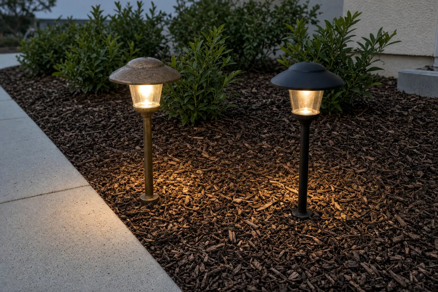 Illustration: a weathered brass path light and a black aluminium path light side by side in bark mulch beside a front walk at dusk, both lit warm white.