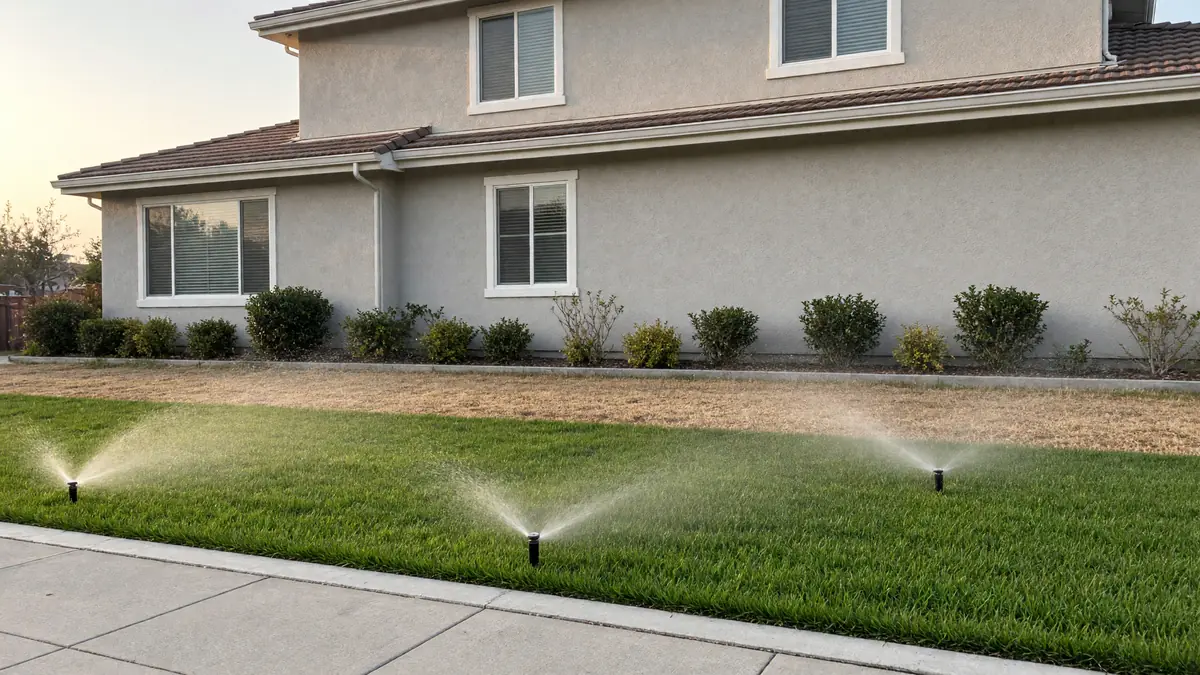 Illustration: sprinklers watering half of a front lawn while the other half, one zone's worth, has dried to straw.