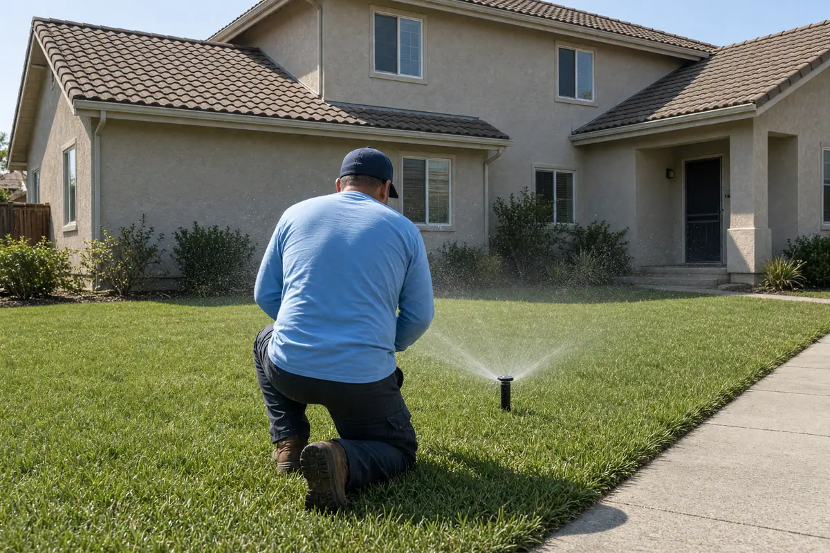 Illustration: a crew member in a light blue shirt, seen from behind, kneeling beside a running pop-up sprinkler on a freshly mowed lawn.