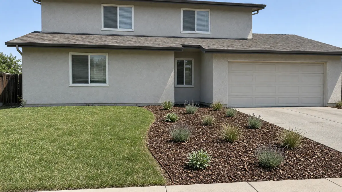 Illustration: half of a front lawn replaced by a mulched bed of young low-water plants, drip tubing along the bed's edge.
