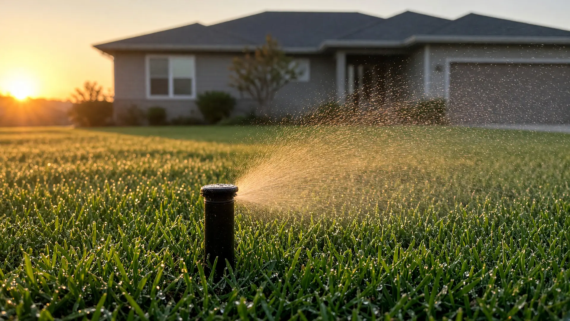 Illustration: a pop-up sprinkler spraying a fan of water across a front lawn at first light, a single-storey house behind.