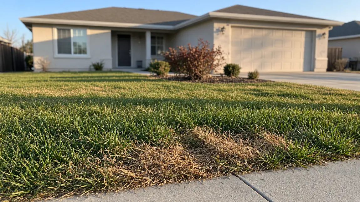 Illustration: a green front lawn with a straw-coloured patch of dormant bermudagrass along the sidewalk on a winter morning.