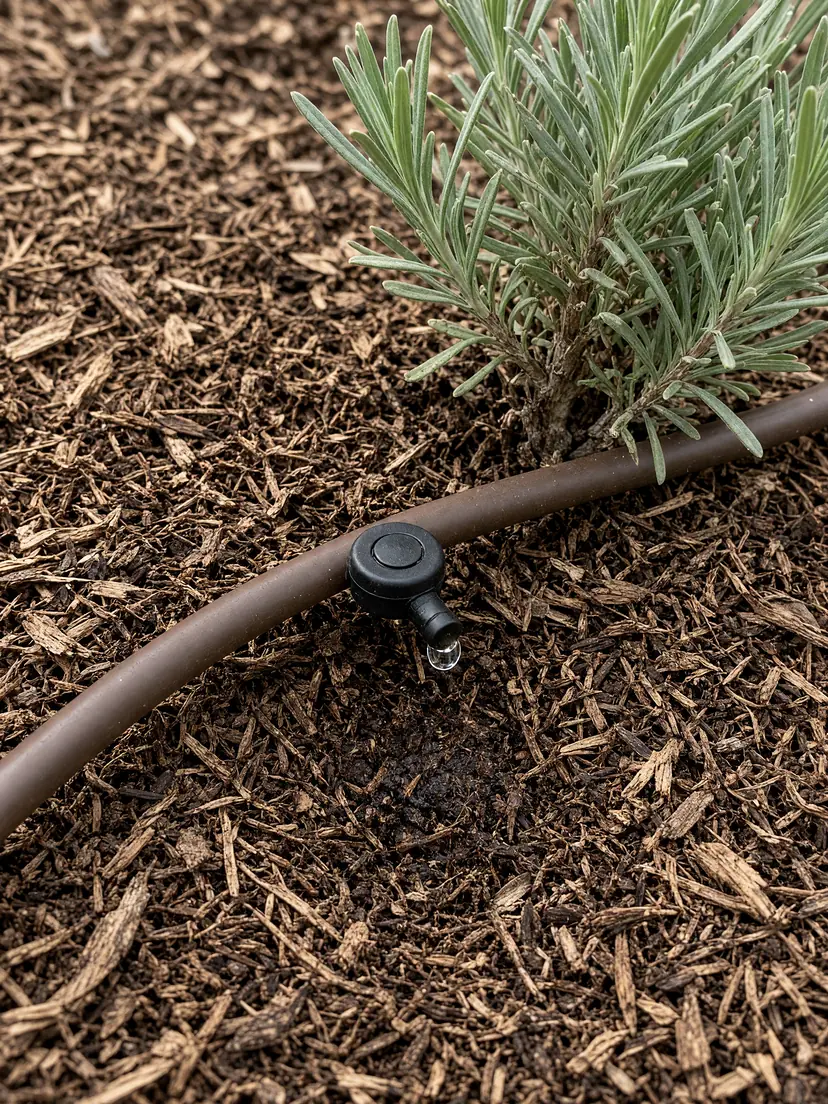 Close-up of brown drip tubing on bark mulch, with a black emitter on its side releasing a drop of water beside a young lavender plant.