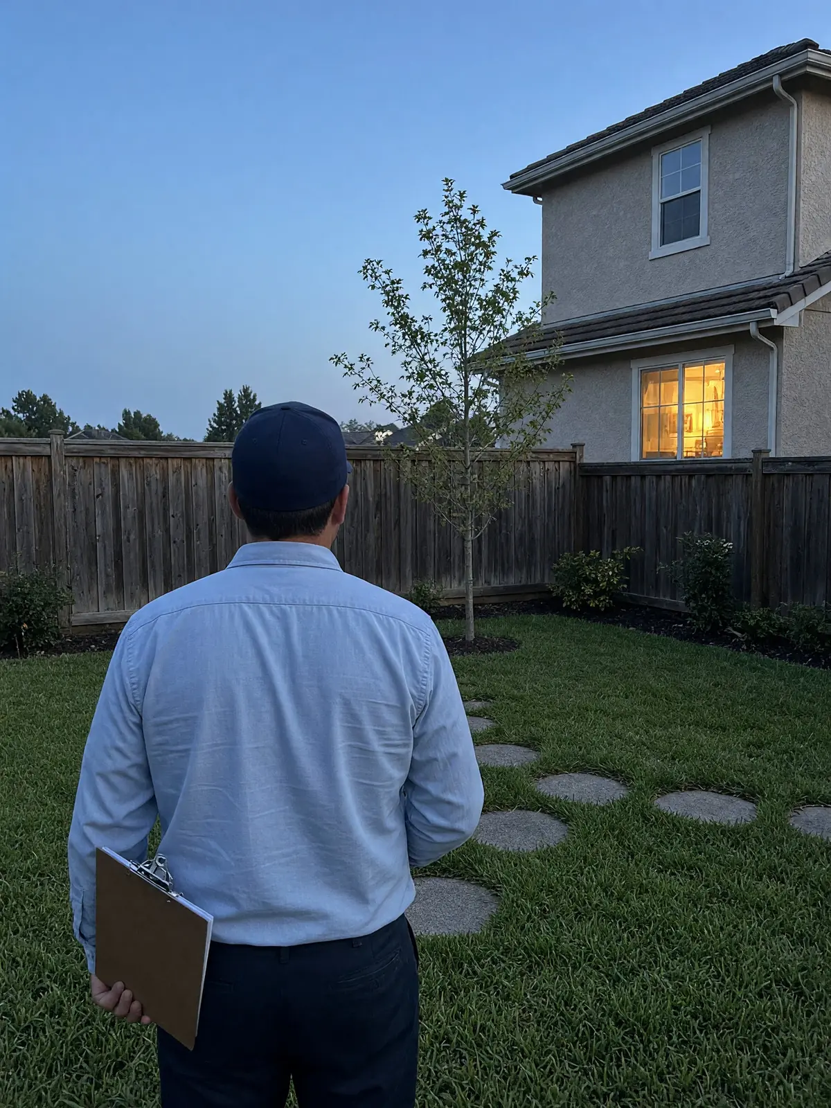 Illustration: a man in a light blue shirt and navy cap, seen from behind, holding a clipboard and looking across a back yard at dusk before any landscape lights are installed.