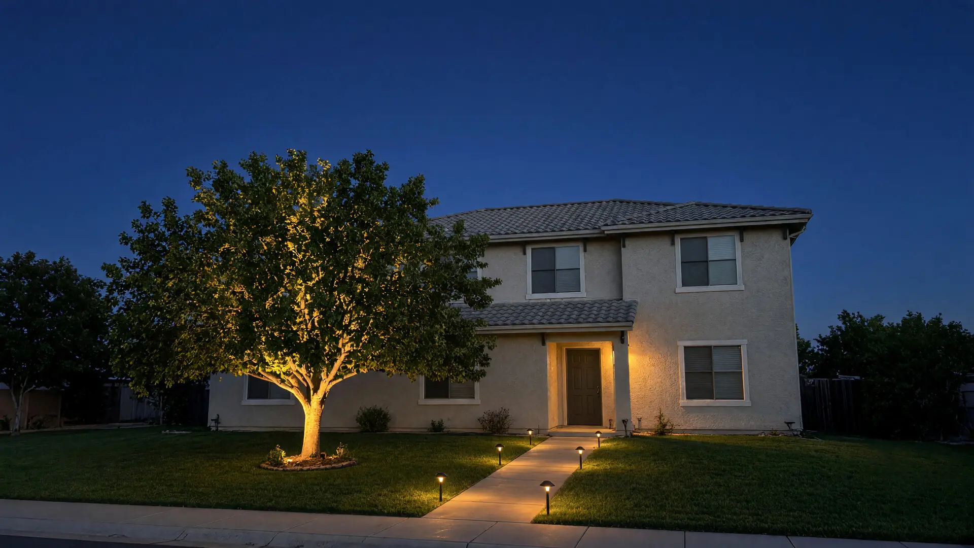 A two-storey stucco house at blue hour, with warm path lights along the front walk, an uplit shade tree in the lawn and a soft light beside the front door.