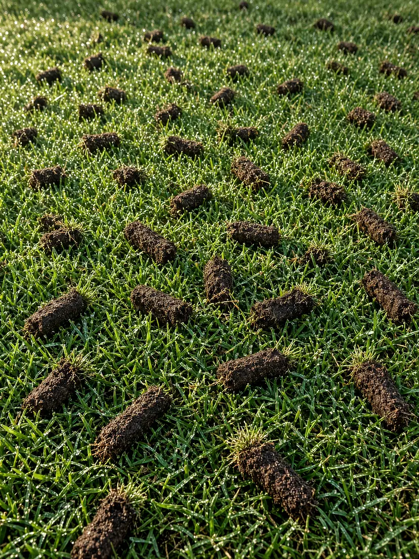 Illustration: soil plugs lying on a dewy green lawn after core aeration, low morning sun.