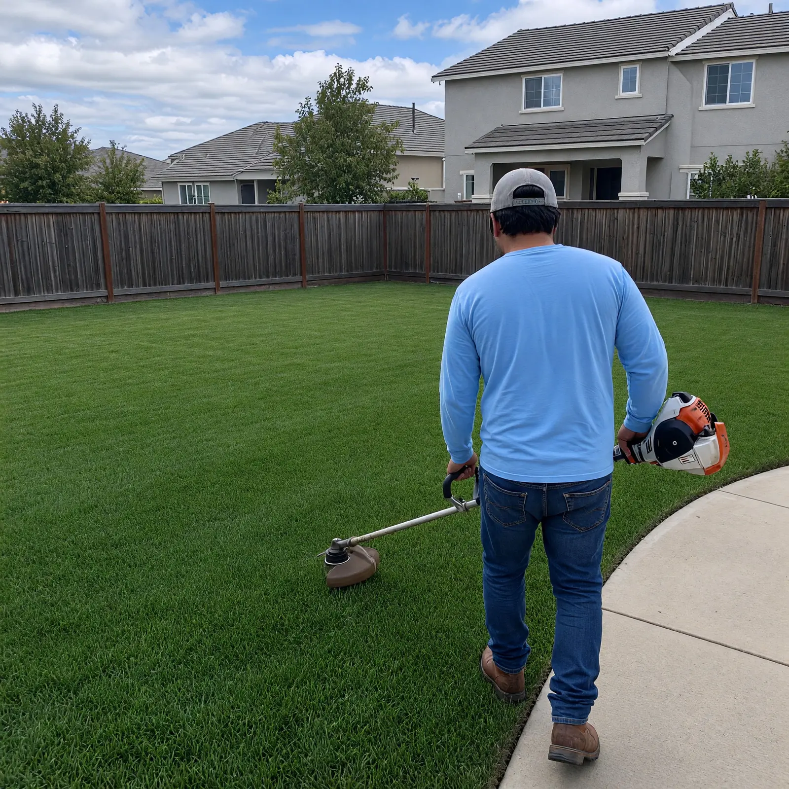 Illustration: a landscaper in a light blue long-sleeve shirt and grey cap, seen from behind, edging a striped backyard lawn with a gas string trimmer beside a curved concrete patio, a wooden fence and two-storey homes behind.