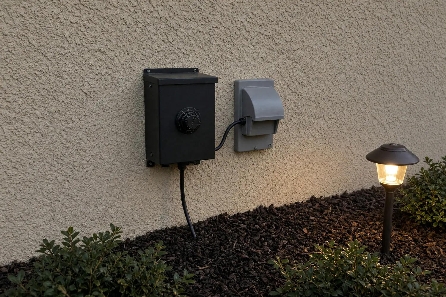 Illustration: a black landscape lighting transformer with a timer dial on a stucco wall, plugged into a covered outdoor outlet, its cable dropping into a planting bed with a lit path light at dusk.