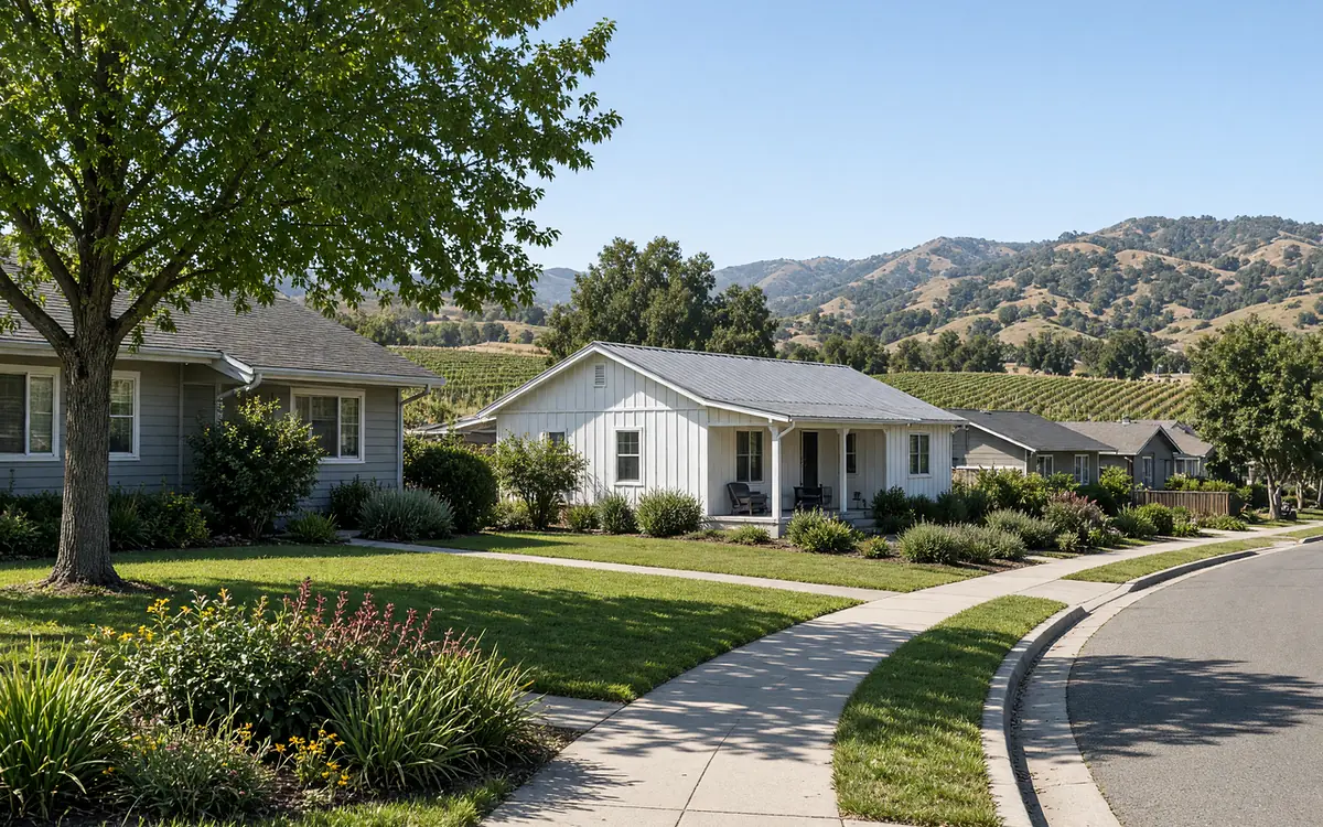Illustration of a valley-floor street of single-storey homes with front lawns and planted beds, oak hills and vineyard rows behind.
