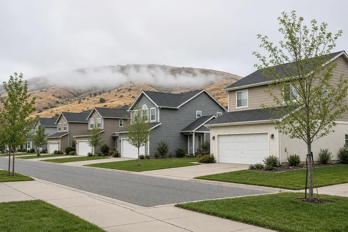 Illustration of a flat street of two-storey tract homes with front lawns and young street trees, a low line of morning fog lifting off golden hills behind.