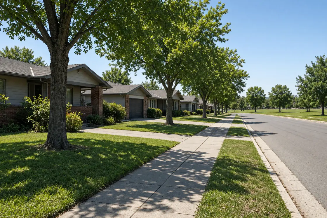 Illustration of a flat, straight street of single-storey 1970s ranch homes with front lawns and street trees, a small park at the end of the block.