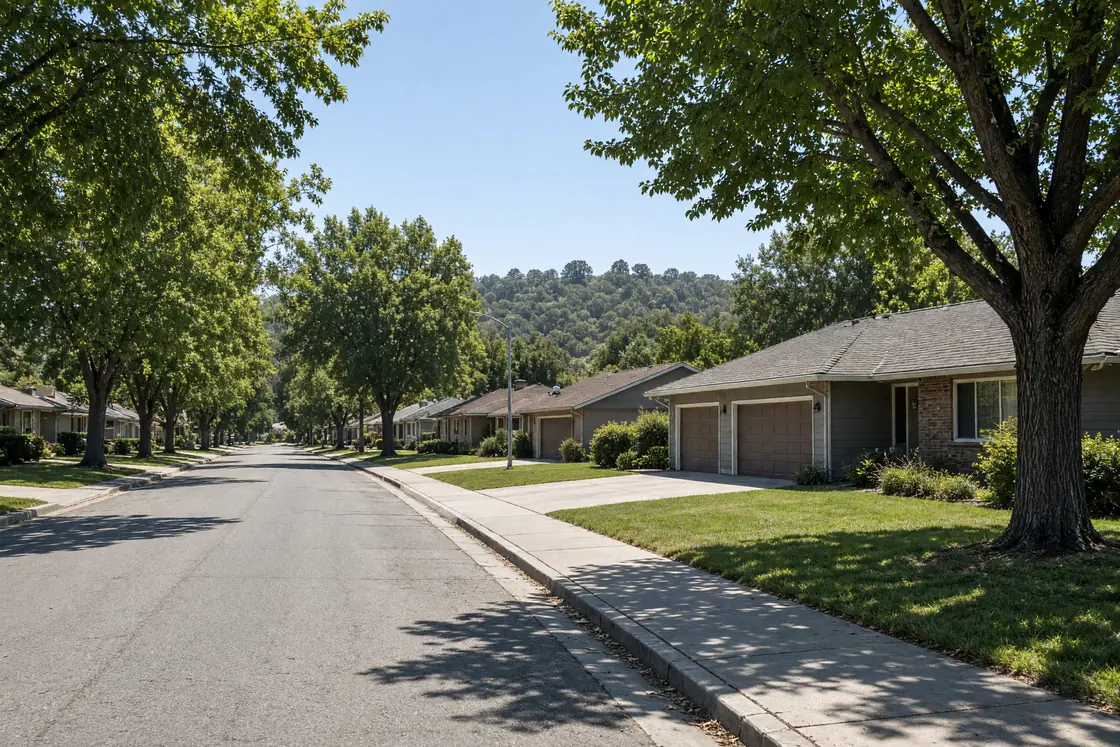 Illustration of a street of single-storey 1970s ranch homes with front lawns and mature trees, a low wooded ridge behind.