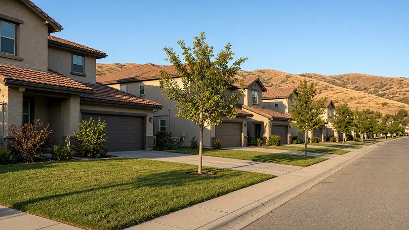 Illustration of a street of two-storey stucco homes with tile roofs and front lawns, young street trees and golden hills behind.