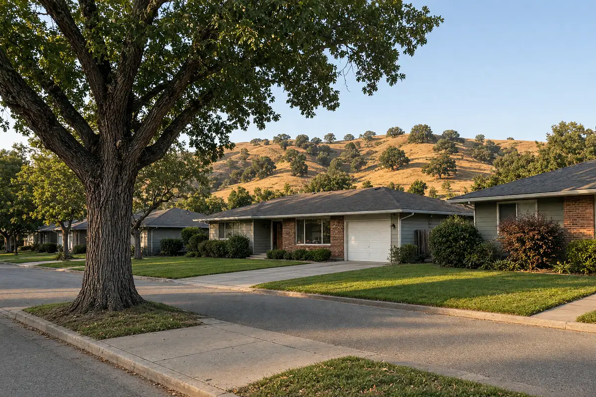 Illustration of a flat street of single-storey ranch homes with front lawns, a large valley oak by the kerb and dry golden hills close behind.