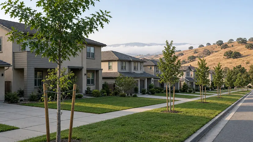Illustration of a residential street of newer two-storey stucco homes with front lawns and young staked trees, golden oak-dotted hills and low morning fog behind.