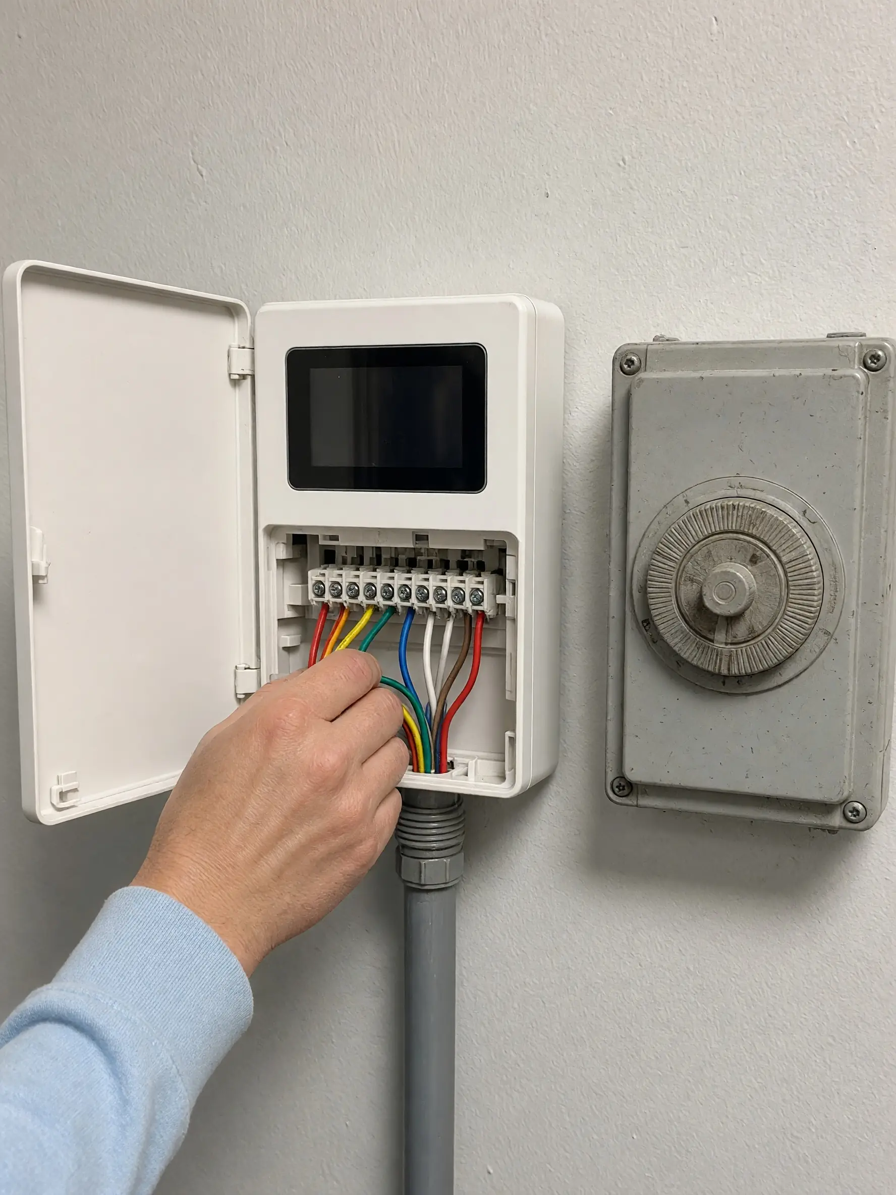 Illustration: a hand in a light blue sleeve connects colour-coded wires to a new white sprinkler controller on a garage wall, next to an old dial sprinkler timer.