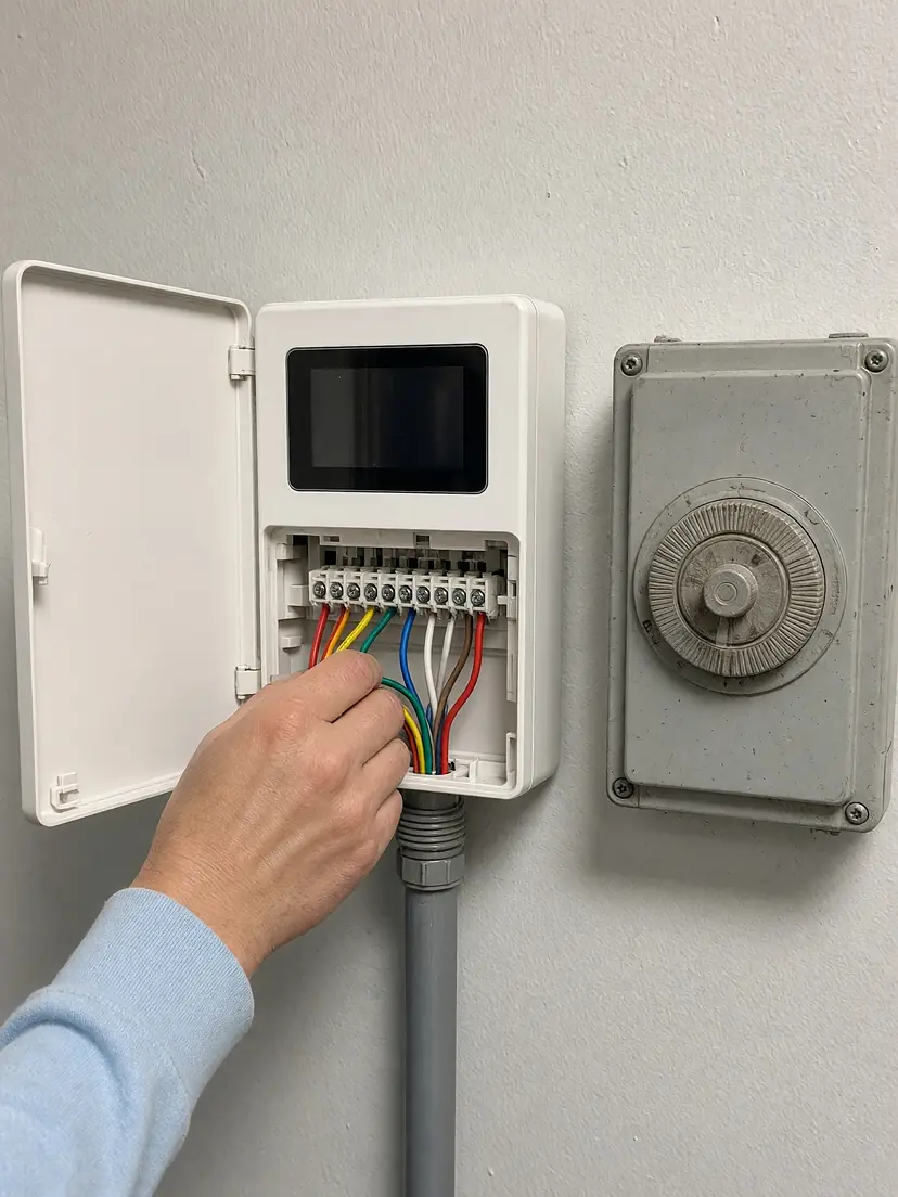 Illustration of a hand connecting colour-coded zone wires to a new white sprinkler controller on a garage wall, next to an old dial timer