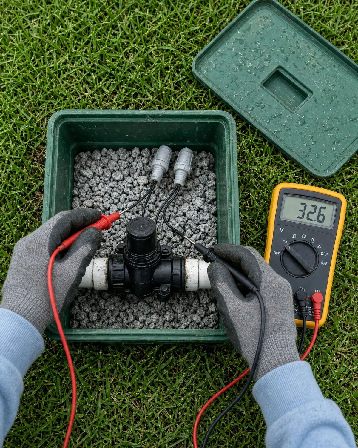 Illustration: gloved hands hold meter probes on the two wires of a sprinkler valve solenoid inside an open valve box, with a multimeter reading on the grass beside it.