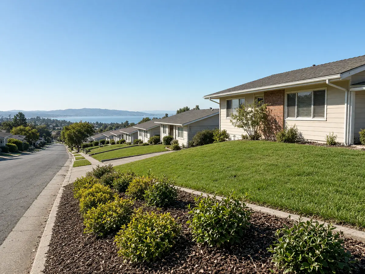 Illustration of single-storey ranch homes stepping down a hillside street, sloped front lawns and a planted bank, with the bay in the distance.