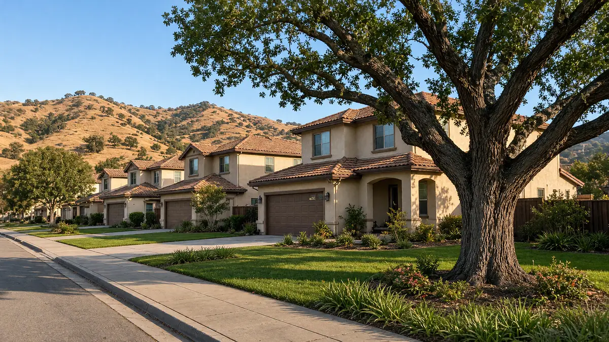 Illustration of a street of two-storey stucco homes with tile roofs, a large valley oak on a front lawn and golden oak-dotted hills behind.