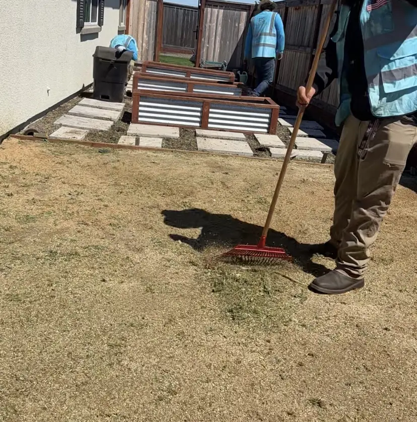 Crew member raking a dry side-yard lawn beside metal raised garden beds while two teammates work further back