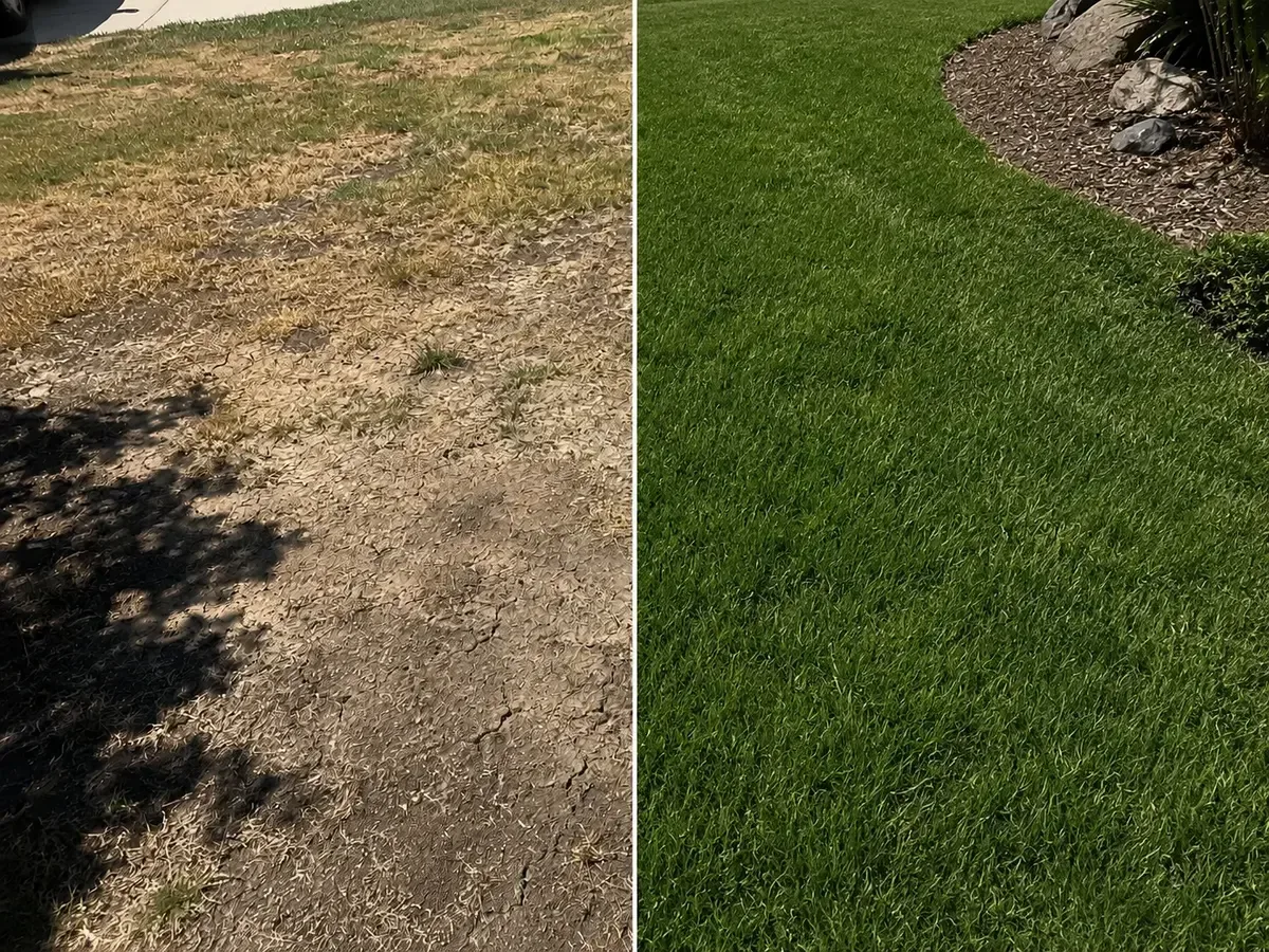 Before and after lawn aeration showing dry bare lawn transformed to lush green lawn in Solano County California