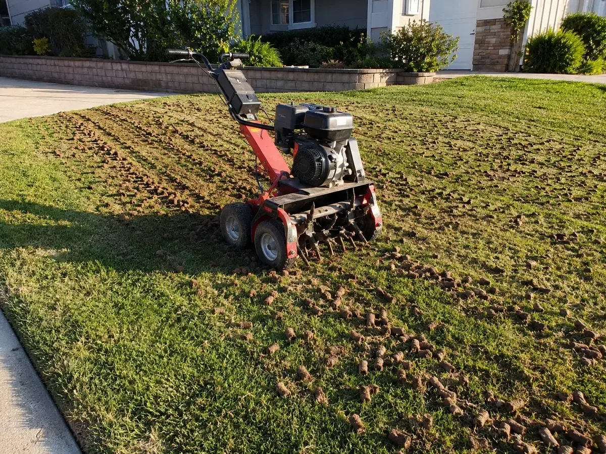 Lawn aerator machine on a residential front yard with soil plugs visible on the grass surface California