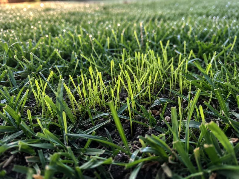 New grass sprouting through existing lawn after professional overseeding service in California natural light
