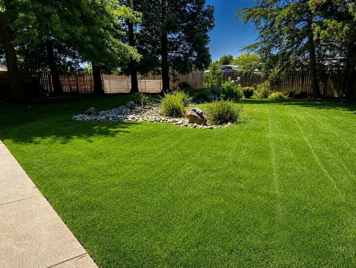 Lush dense healthy green residential lawn after professional aeration and overseeding service in California