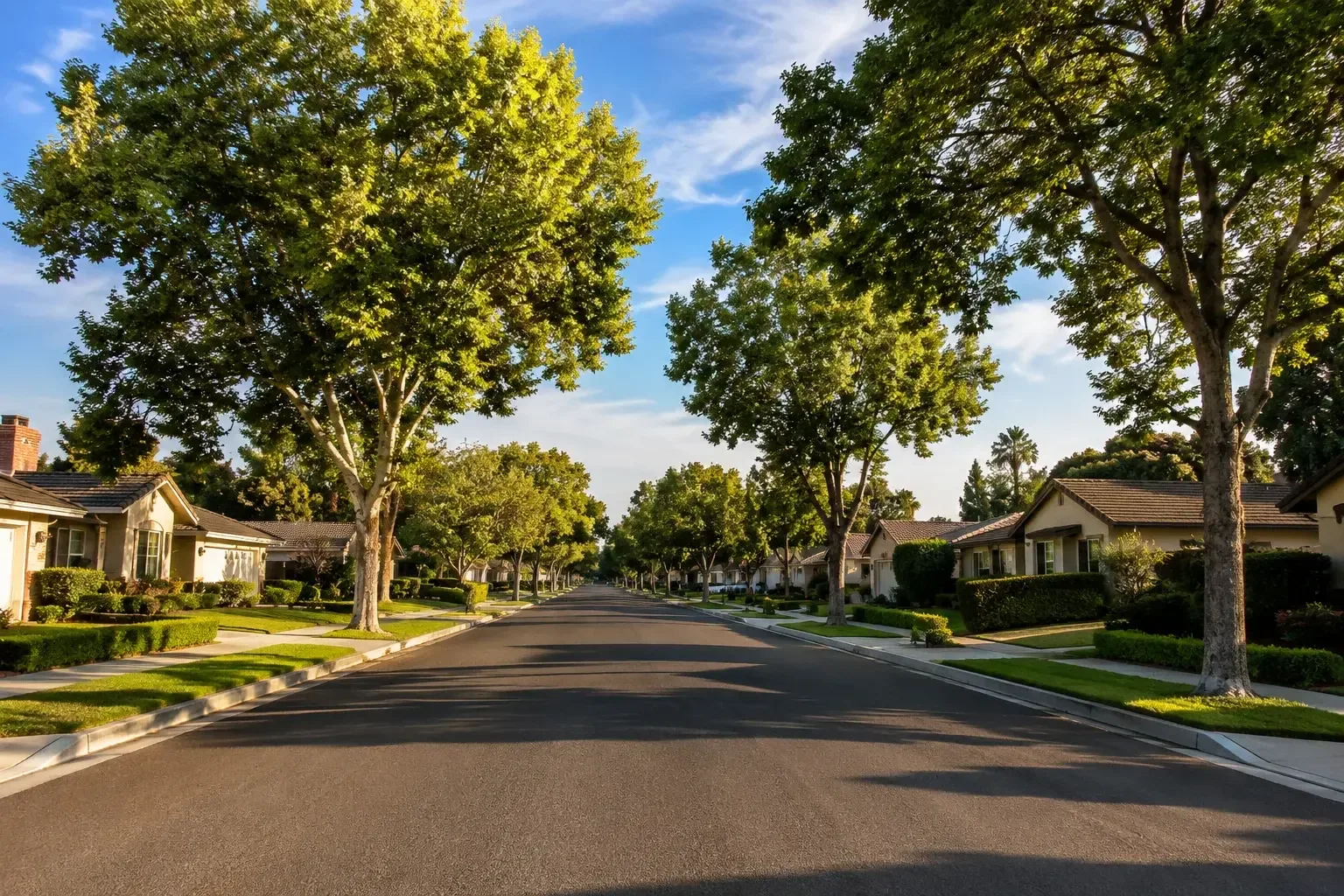 Aerial view of well-maintained California residential street with green lawns in Solano County