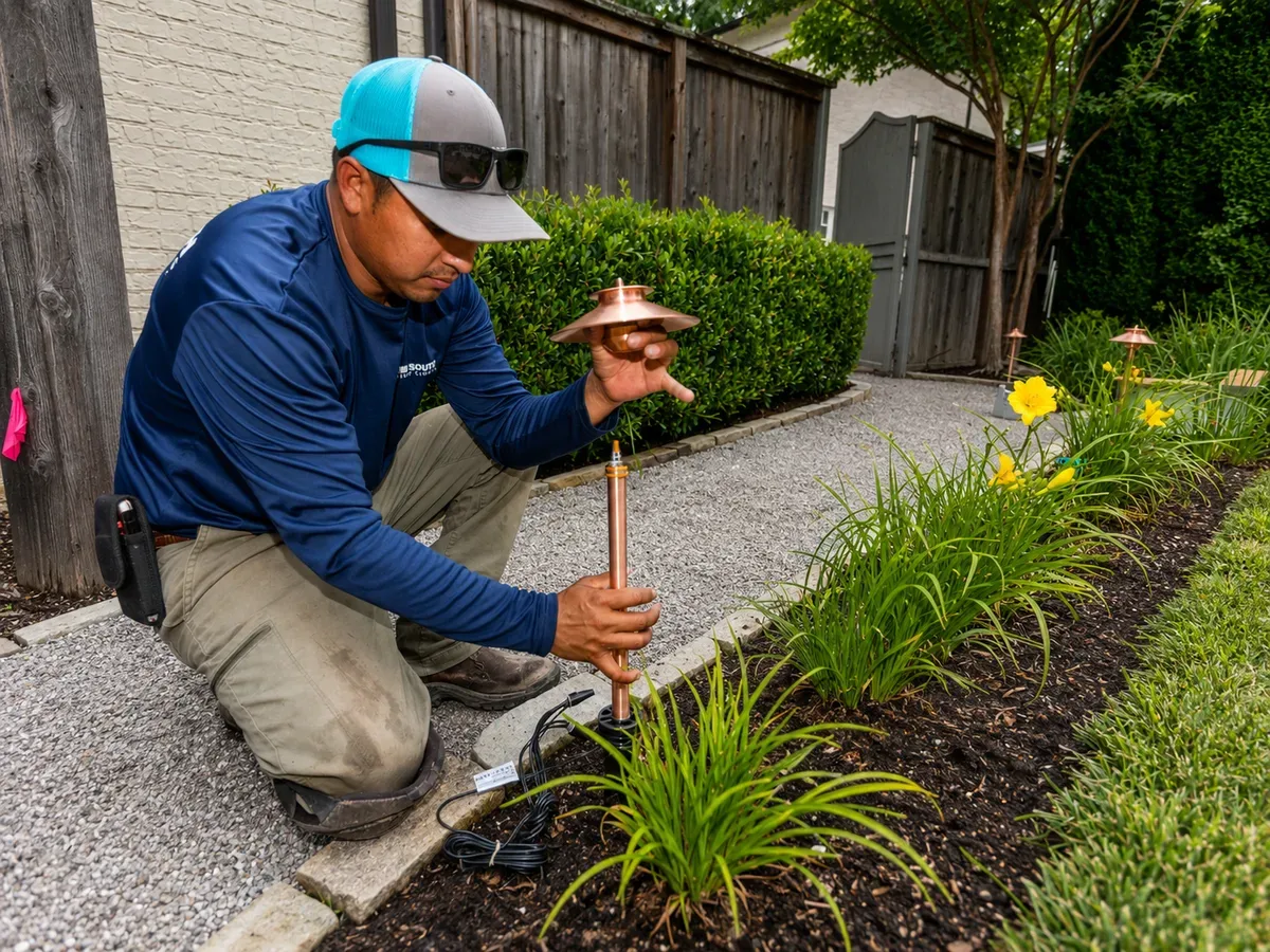 Technician installing a low-voltage path light staking fixture in a residential yard California