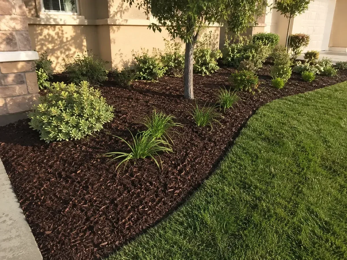 Fresh dark brown mulch laid around ornamental plants in a residential yard in California