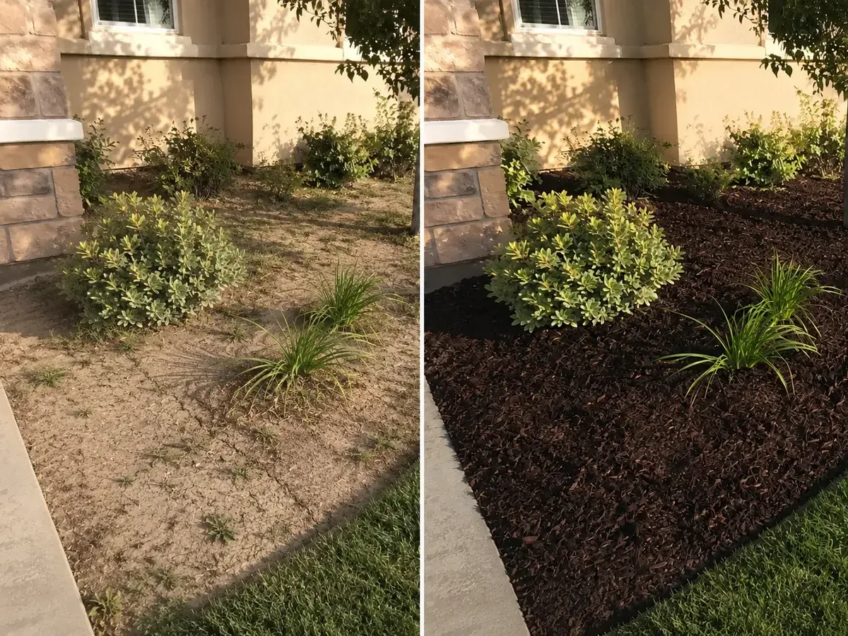 Residential garden bed transformed with fresh mulch and plants after professional mulch installation in California