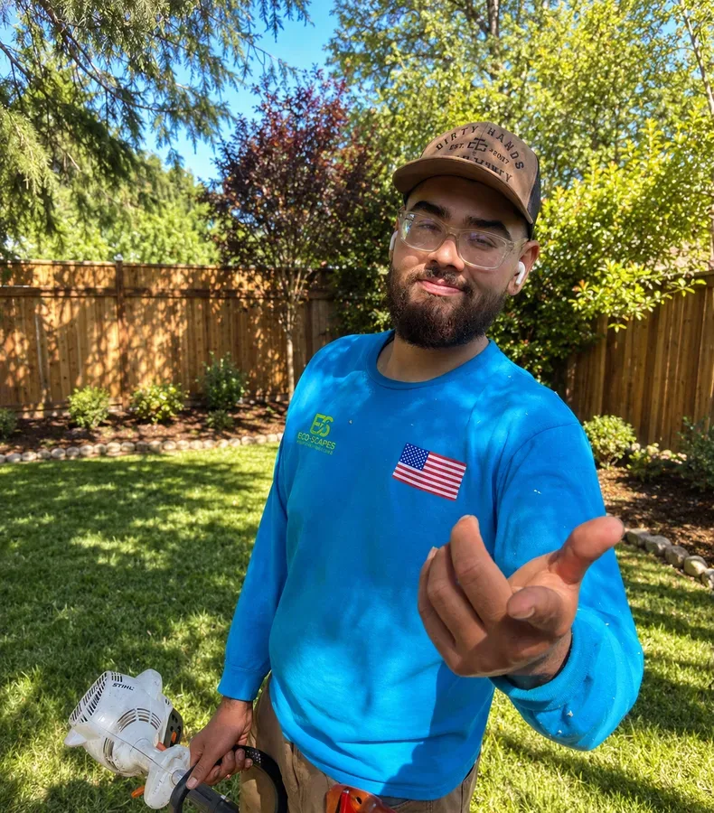 Eco Scapes Land Care owner Carlos at a professional mulch installation project in Solano County California