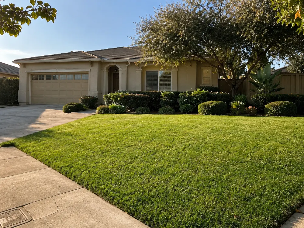 Well-maintained residential front yard with neatly trimmed shrubs, hedges, and a mature shade tree in Solano & Napa County, California