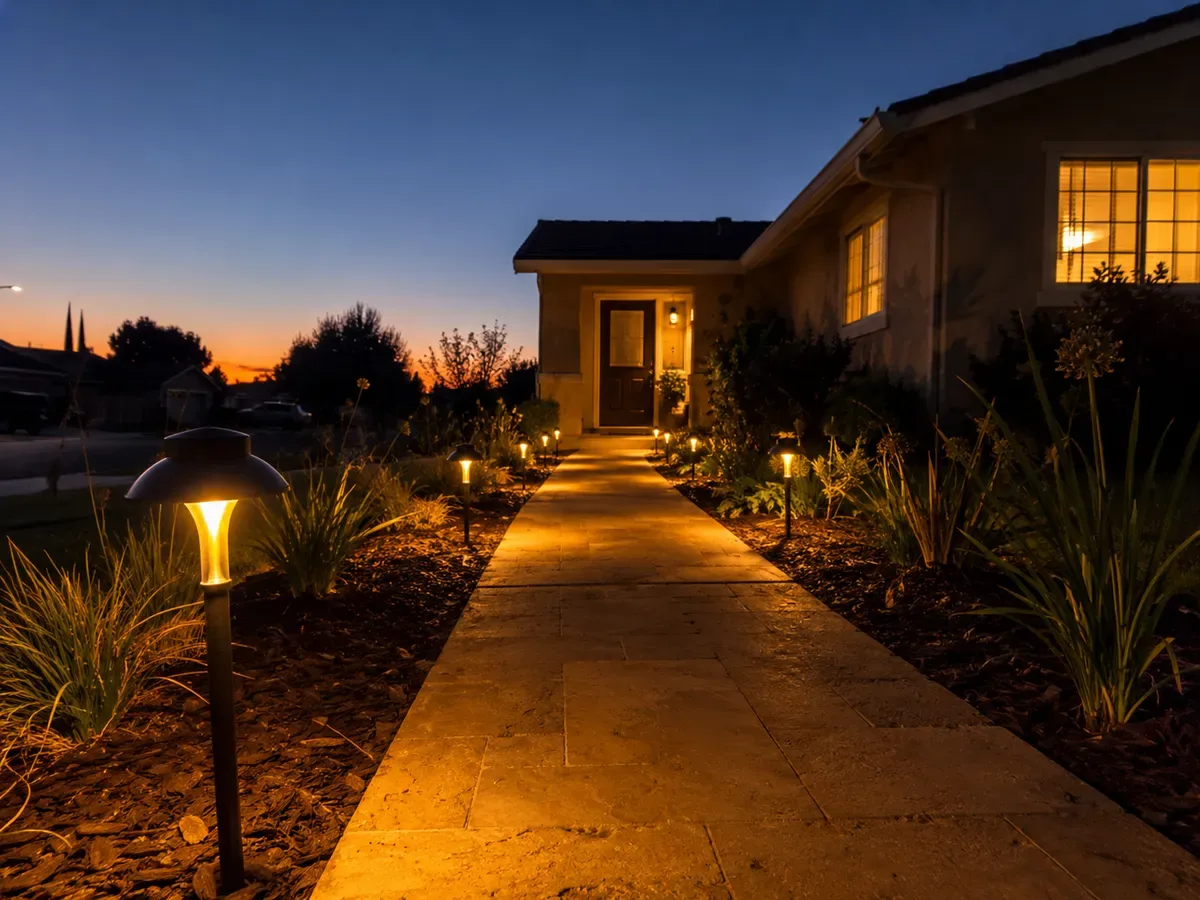 Residential walkway lit with warm amber path lights at dusk in Solano County California