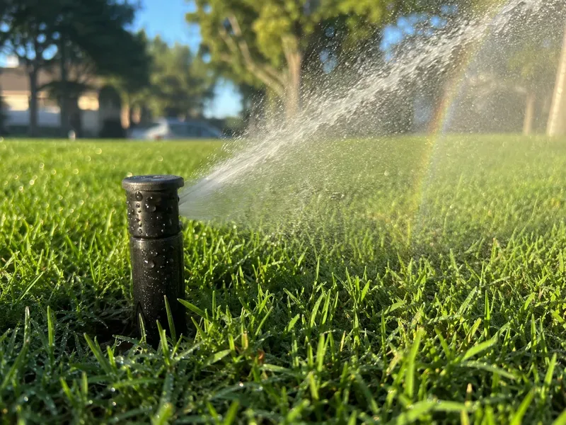Sprinkler head in action with water arc over green grass in morning light California